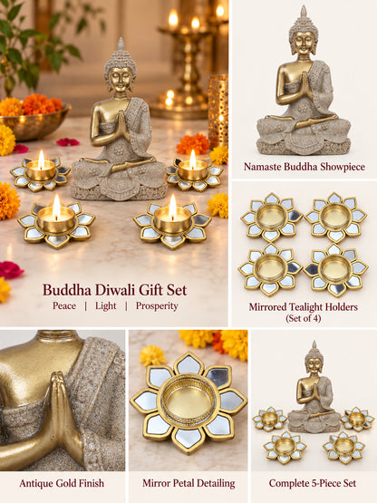 Meditating Buddha Idol with Set of 4 Metal Flower Tealight Diyas Diwali Hamper