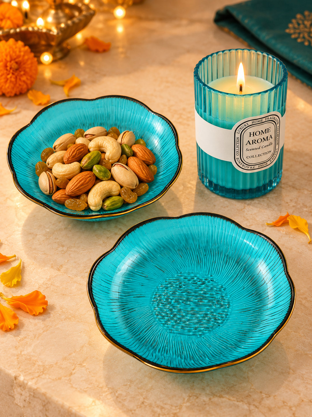 Luxury Blue Glass Bowls and Scented Candle Gift Set in Wooden Tray with Potli Diwali Hamper