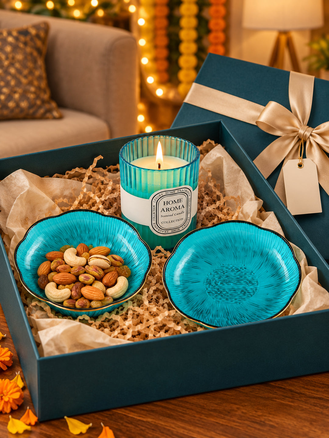 Luxury Blue Glass Bowls and Scented Candle Gift Set in Wooden Tray with Potli Diwali Hamper