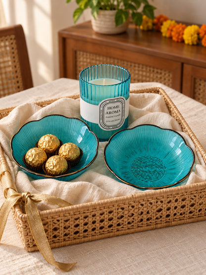 Luxury Blue Glass Bowls and Scented Candle Gift Set in Wooden Tray with Potli Diwali Hamper