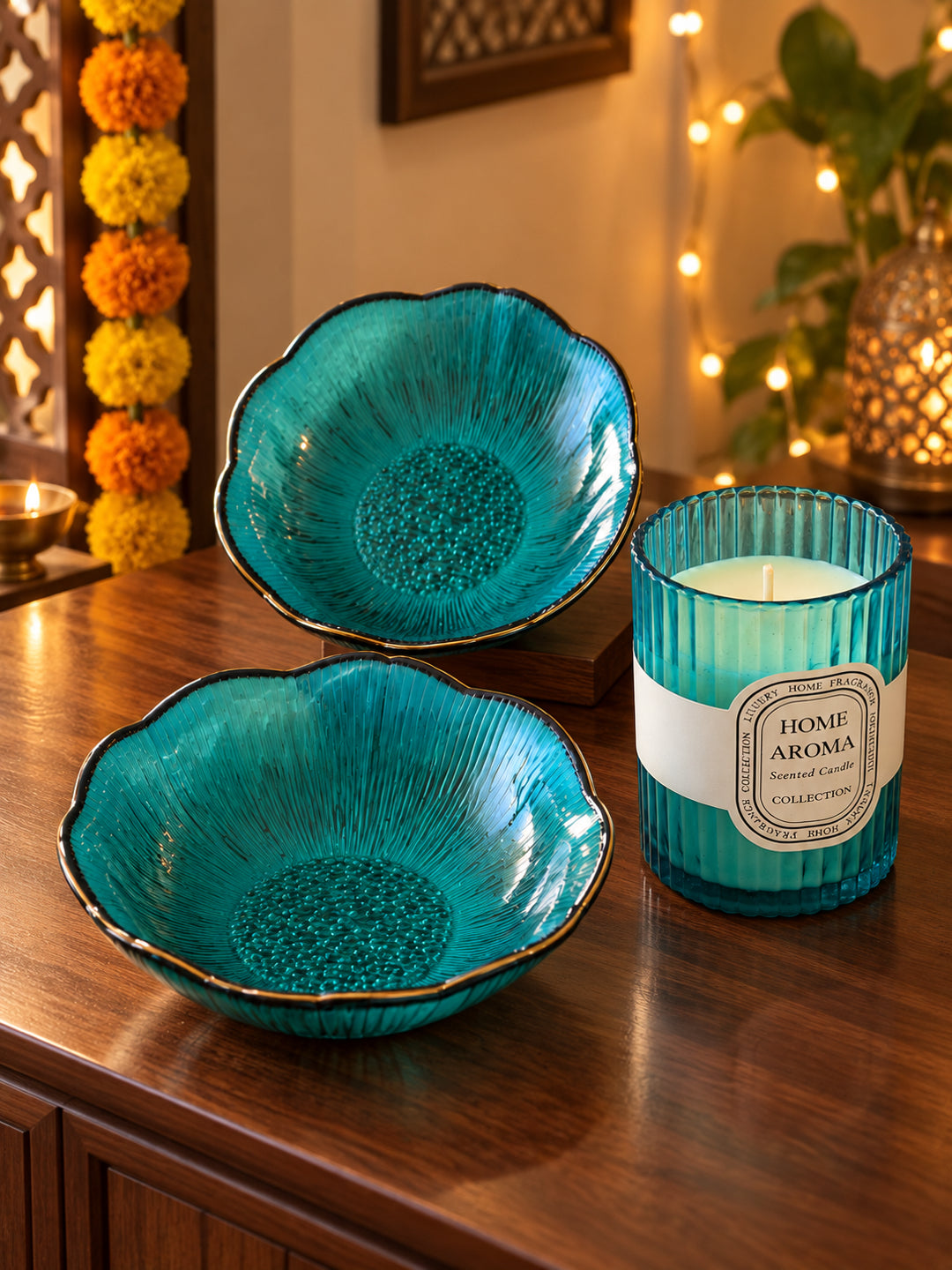 Luxury Blue Glass Bowls and Scented Candle Gift Set in Wooden Tray with Potli Diwali Hamper