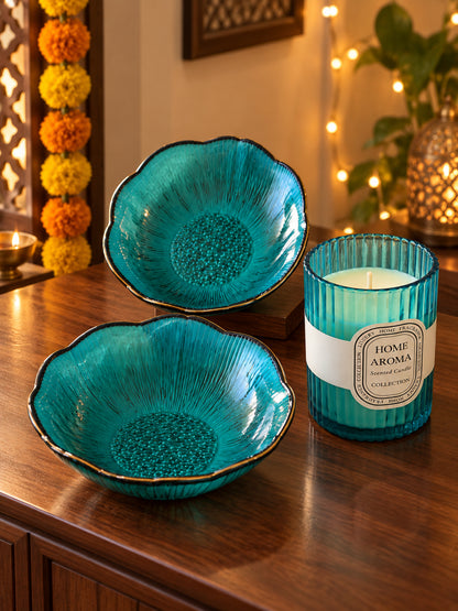 Luxury Blue Glass Bowls and Scented Candle Gift Set in Wooden Tray with Potli Diwali Hamper