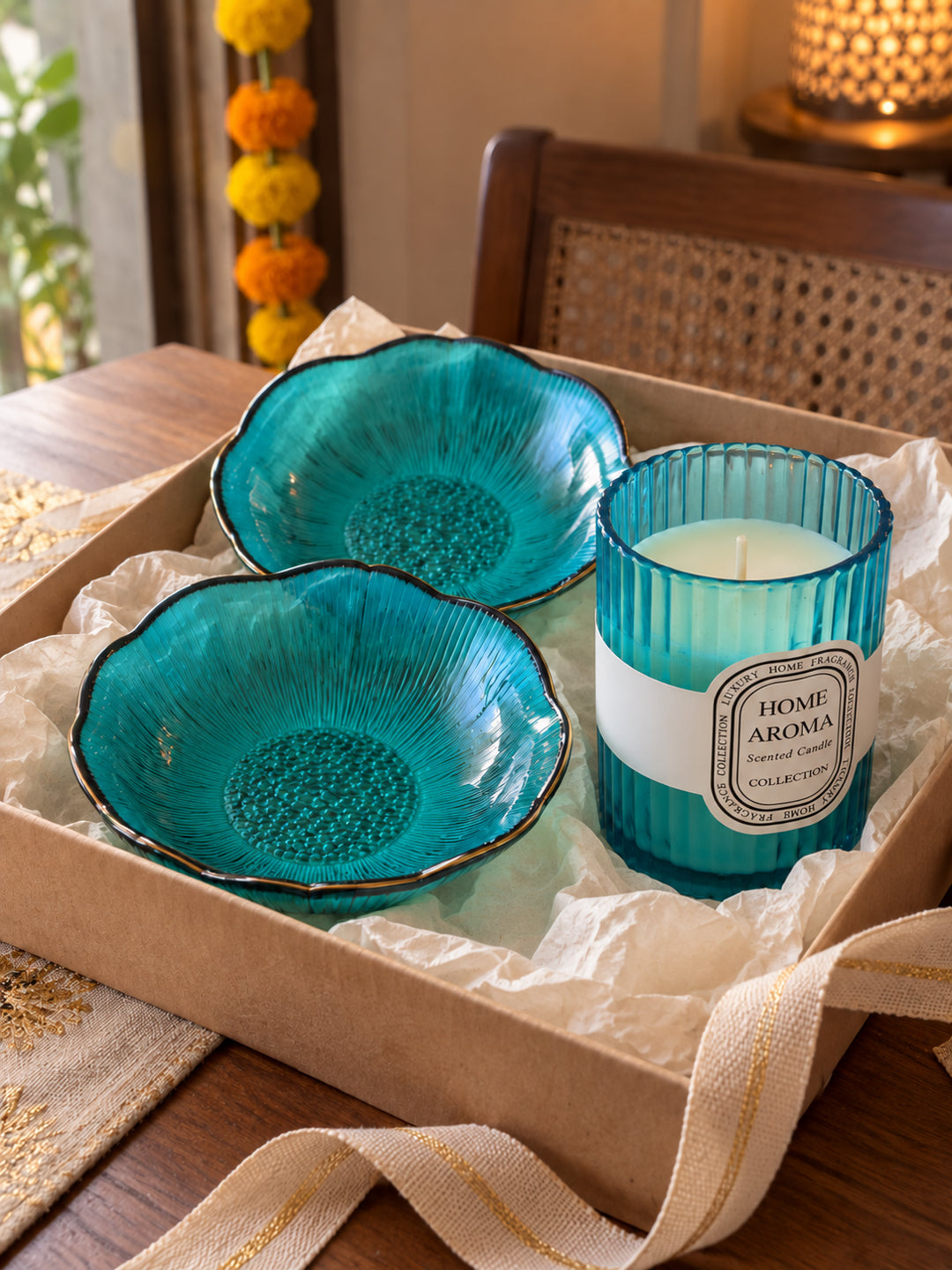 Luxury Blue Glass Bowls and Scented Candle Gift Set in Wooden Tray with Potli Diwali Hamper