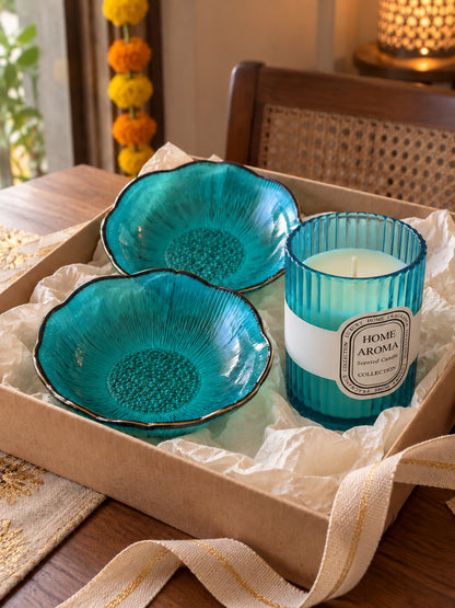 Luxury Blue Glass Bowls and Scented Candle Gift Set in Wooden Tray with Potli Diwali Hamper