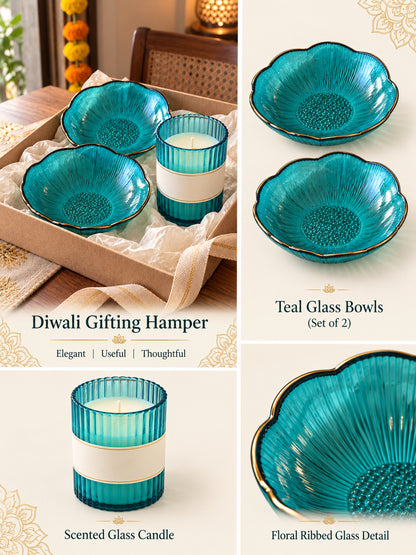 Luxury Blue Glass Bowls and Scented Candle Gift Set in Wooden Tray with Potli Diwali Hamper
