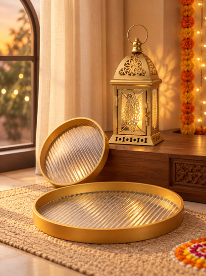 Brass Finish Metal Lantern with Set of 2 Golden Hammered Serving Trays & Potli Diwali Hamper