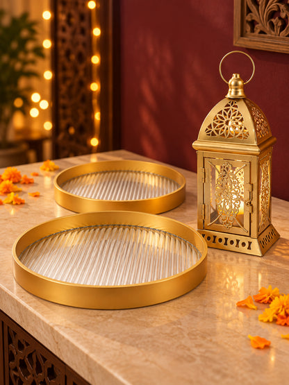 Brass Finish Metal Lantern with Set of 2 Golden Hammered Serving Trays & Potli Diwali Hamper
