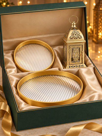Brass Finish Metal Lantern with Set of 2 Golden Hammered Serving Trays & Potli Diwali Hamper