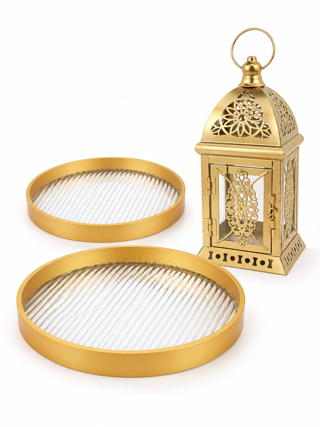 Brass Finish Metal Lantern with Set of 2 Golden Hammered Serving Trays & Potli Diwali Hamper