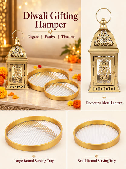 Brass Finish Metal Lantern with Set of 2 Golden Hammered Serving Trays & Potli Diwali Hamper