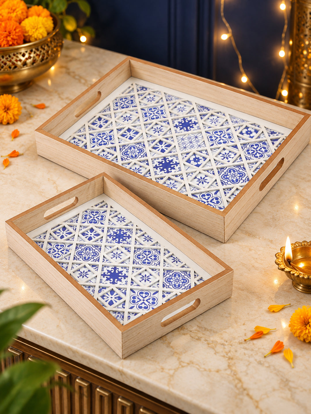 Handcrafted Blue Moroccan Tile Inlay Wooden Serving Trays with Diya & Potli Diwali Hamper