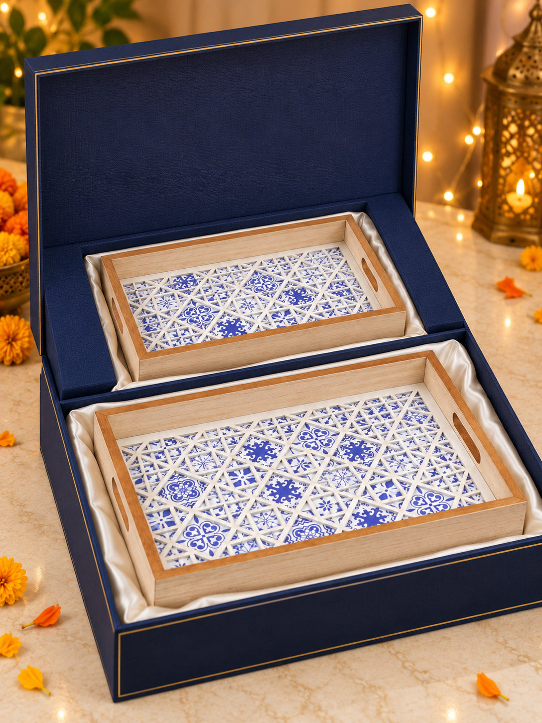 Handcrafted Blue Moroccan Tile Inlay Wooden Serving Trays with Diya & Potli Diwali Hamper