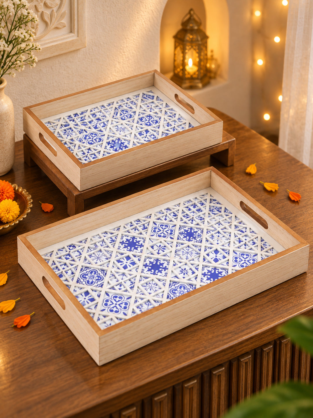 Handcrafted Blue Moroccan Tile Inlay Wooden Serving Trays with Diya & Potli Diwali Hamper