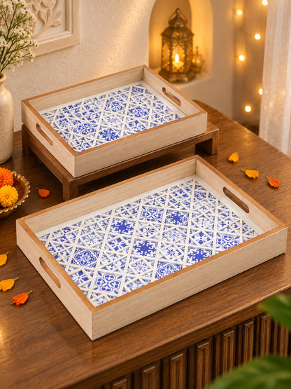 Handcrafted Blue Moroccan Tile Inlay Wooden Serving Trays with Diya & Potli Diwali Hamper