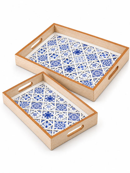 Handcrafted Blue Moroccan Tile Inlay Wooden Serving Trays with Diya & Potli Diwali Hamper