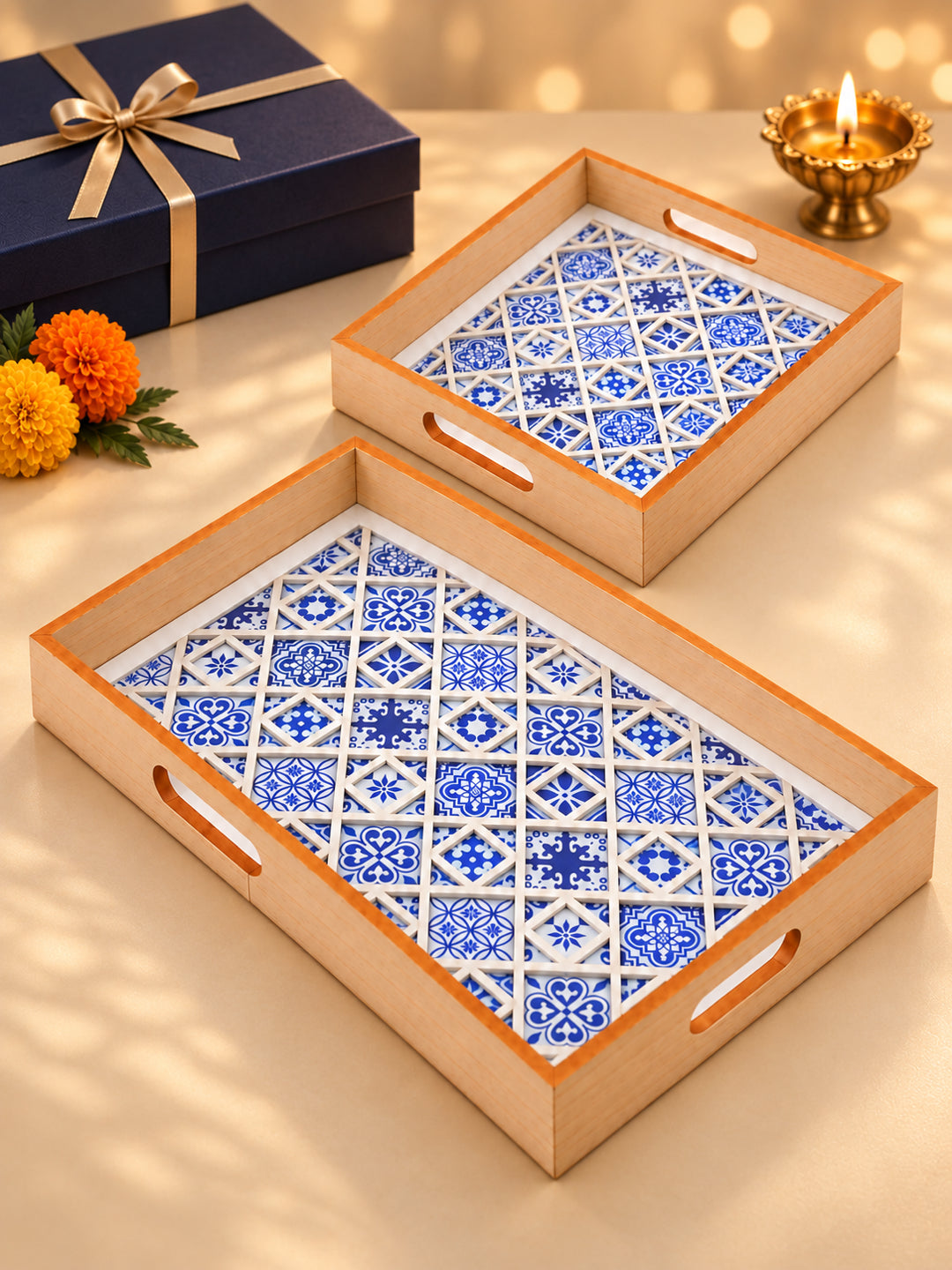 Handcrafted Blue Moroccan Tile Inlay Wooden Serving Trays with Diya & Potli Diwali Hamper