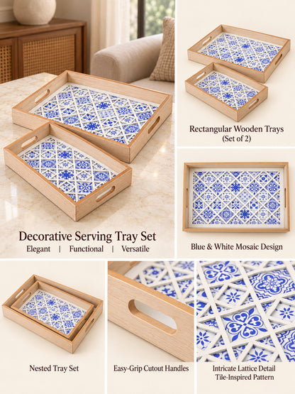Handcrafted Blue Moroccan Tile Inlay Wooden Serving Trays with Diya & Potli Diwali Hamper