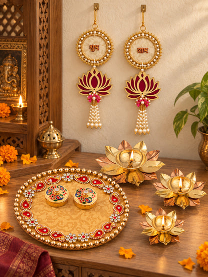 Traditional Decorated Pooja Thali Set with Brass Diya and Shubh Labh Hangings Diwali Hamper