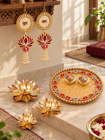 Traditional Decorated Pooja Thali Set with Brass Diya and Shubh Labh Hangings Diwali Hamper