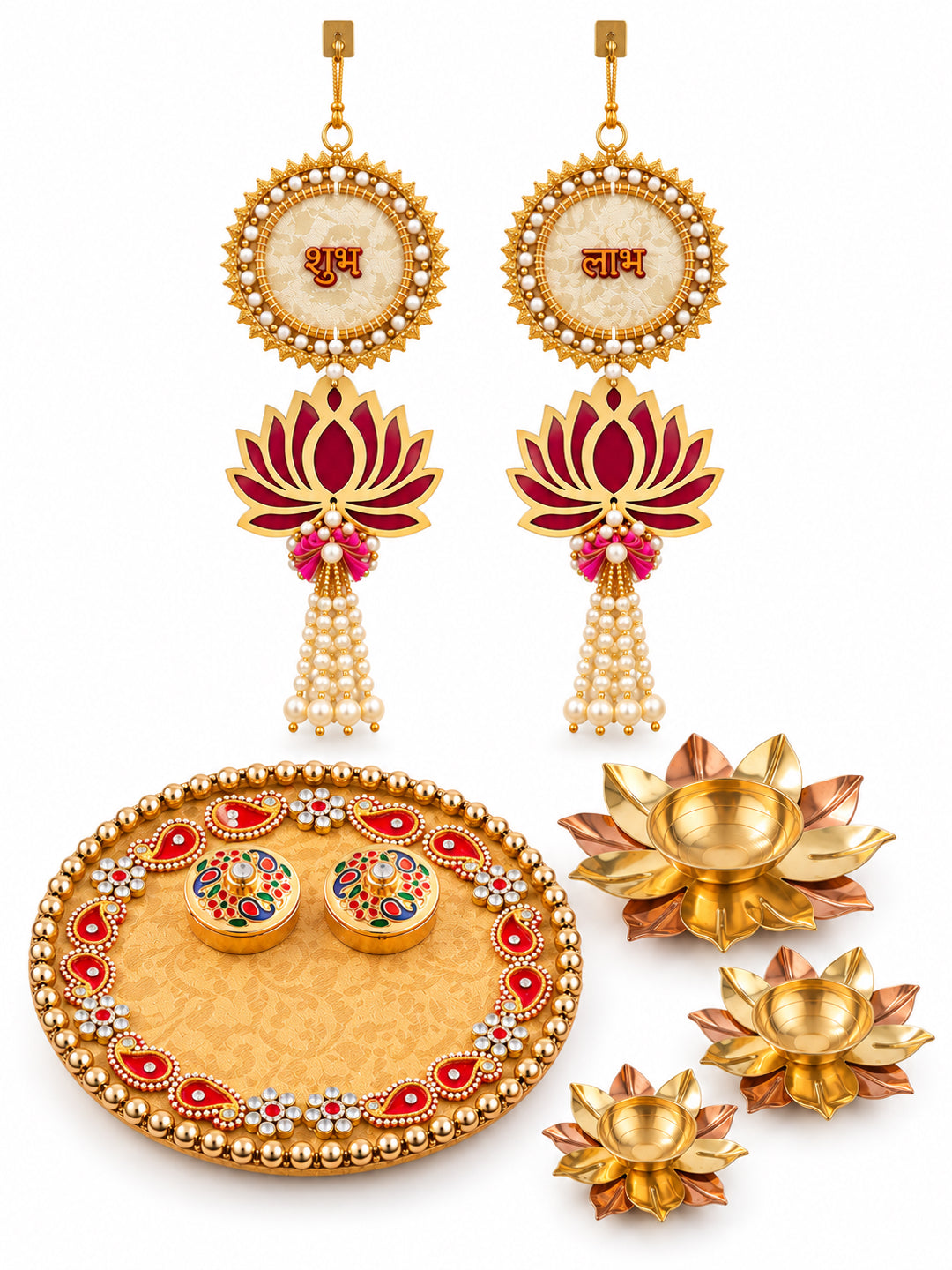 Traditional Decorated Pooja Thali Set with Brass Diya and Shubh Labh Hangings Diwali Hamper