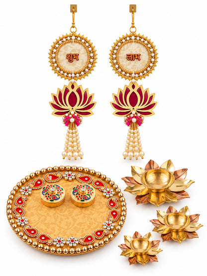 Traditional Decorated Pooja Thali Set with Brass Diya and Shubh Labh Hangings Diwali Hamper