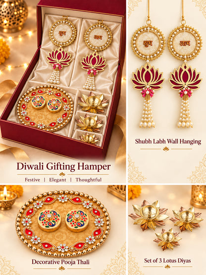 Traditional Decorated Pooja Thali Set with Brass Diya and Shubh Labh Hangings Diwali Hamper