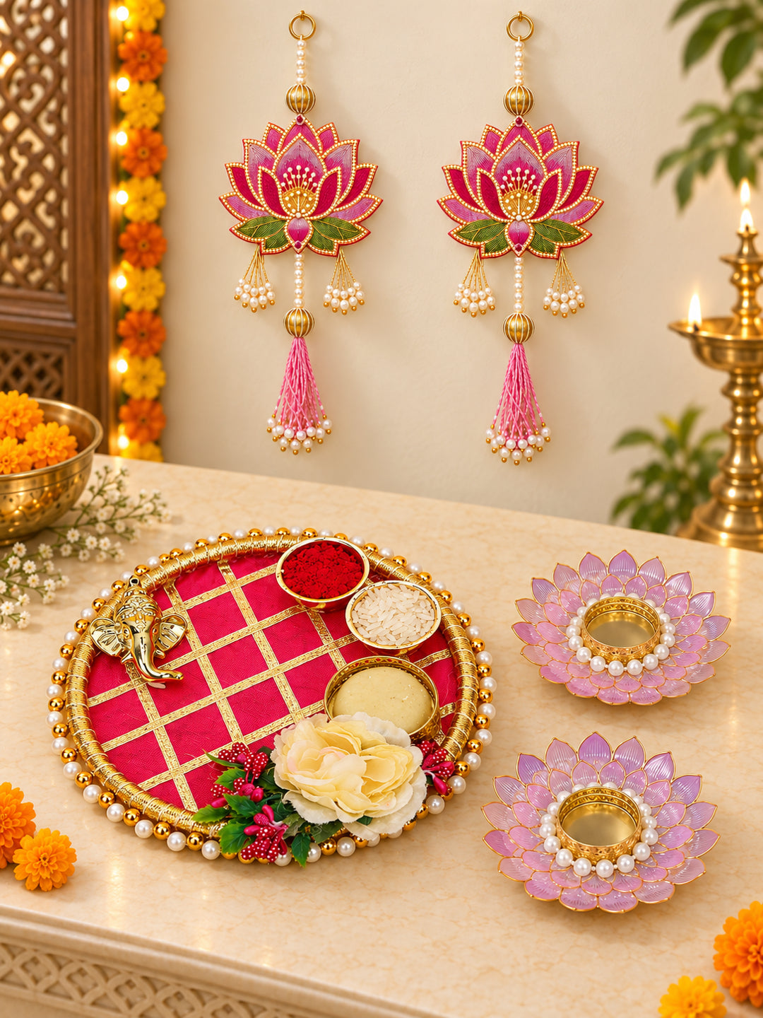 Red Velvet Decorated Pooja Thali Hamper with Lakshmi Charan, 2 Diyas & Shubh Labh Diwali Hamper
