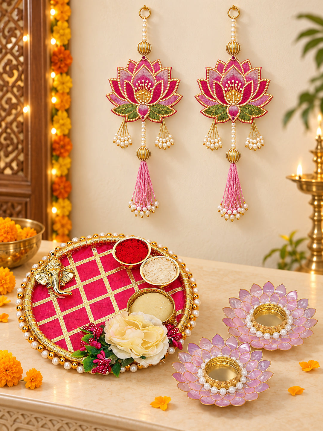 Red Velvet Decorated Pooja Thali Hamper with Lakshmi Charan, 2 Diyas & Shubh Labh Diwali Hamper