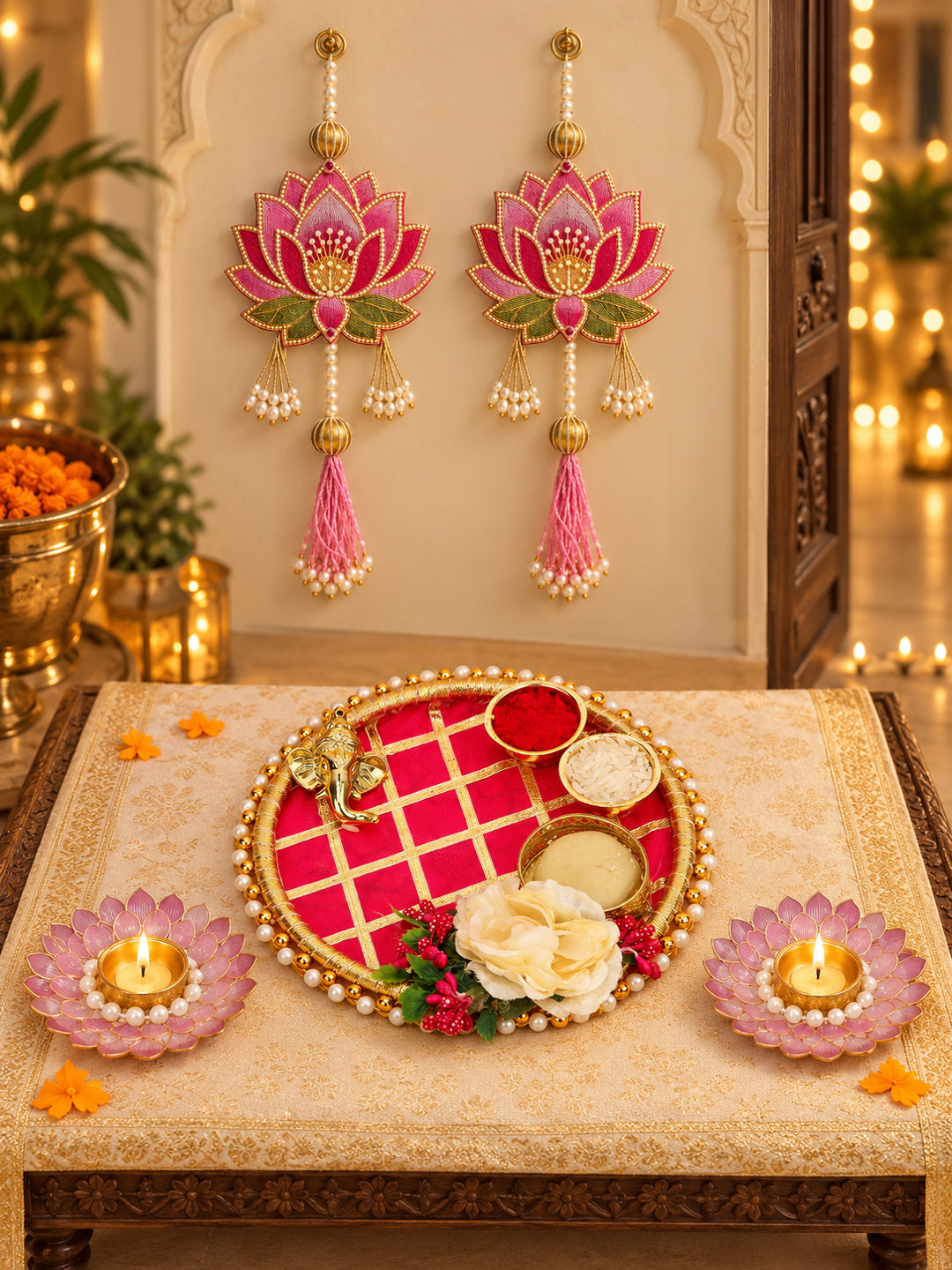Red Velvet Decorated Pooja Thali Hamper with Lakshmi Charan, 2 Diyas & Shubh Labh Diwali Hamper