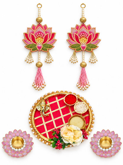 Red Velvet Decorated Pooja Thali Hamper with Lakshmi Charan, 2 Diyas & Shubh Labh Diwali Hamper