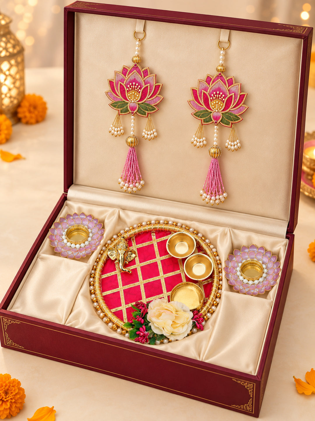 Red Velvet Decorated Pooja Thali Hamper with Lakshmi Charan, 2 Diyas & Shubh Labh Diwali Hamper