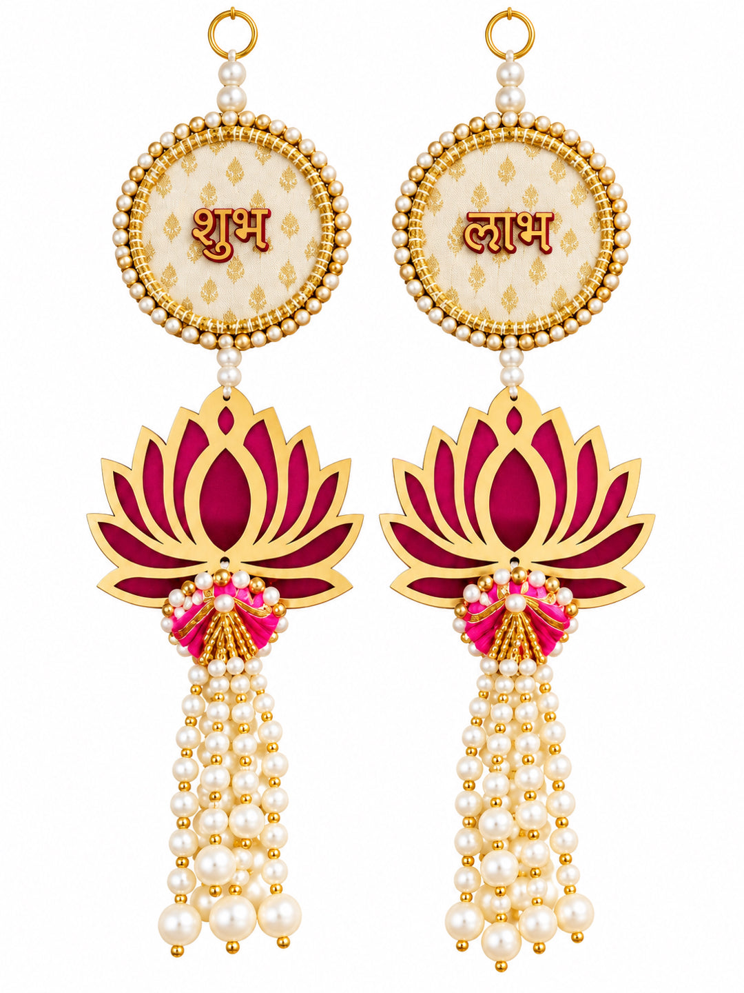 Handmade MDF Lotus Shubh Labh Wall Hanging Pair with Pearl Latkans (Pink & Gold)