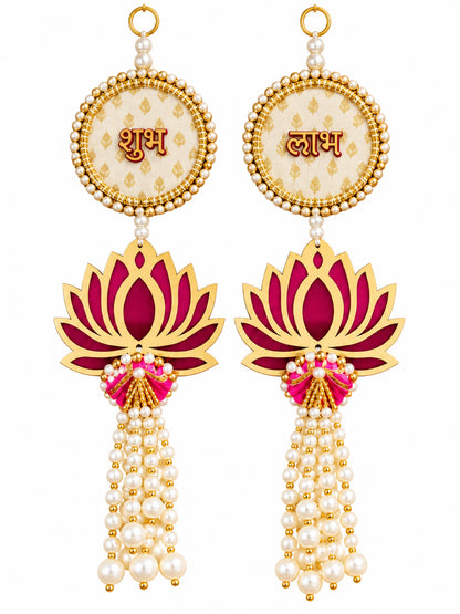 Handmade MDF Lotus Shubh Labh Wall Hanging Pair with Pearl Latkans (Pink & Gold)