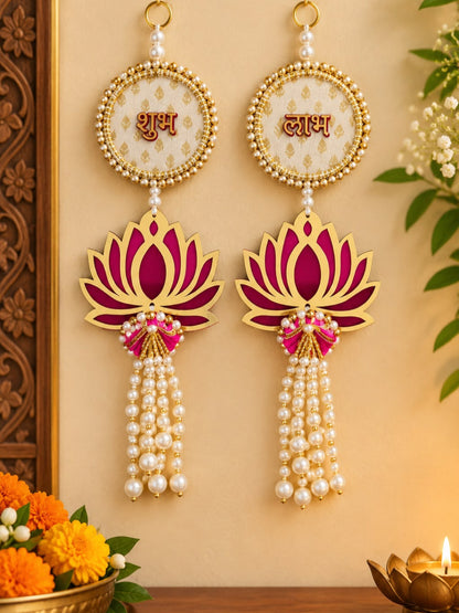 Handmade MDF Lotus Shubh Labh Wall Hanging Pair with Pearl Latkans (Pink & Gold)