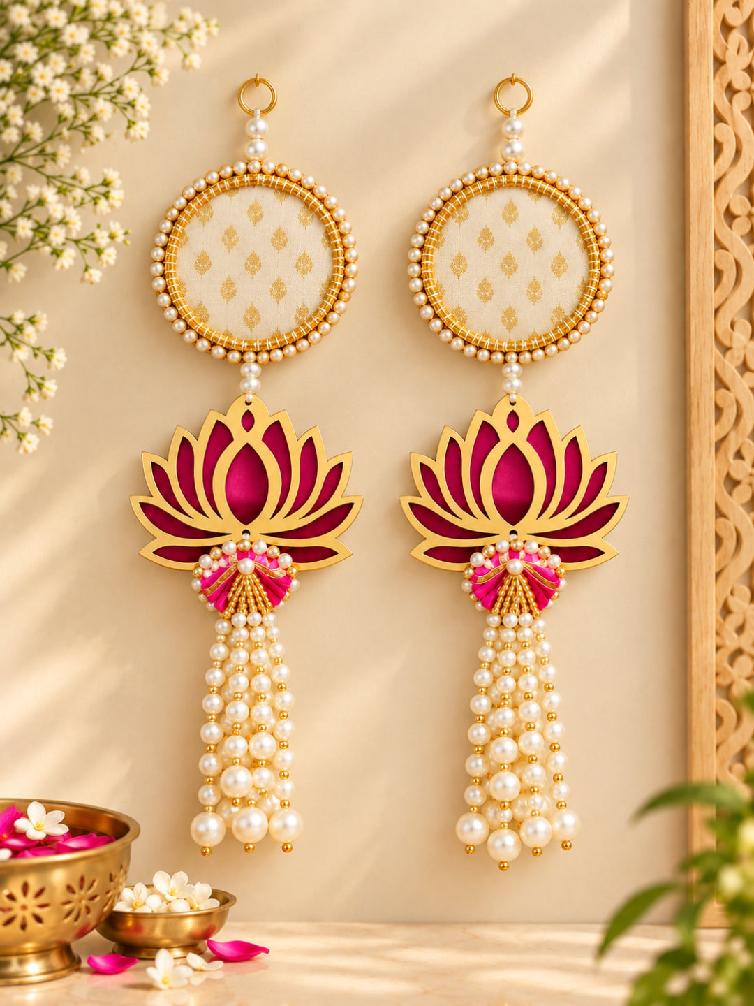 Handmade MDF Lotus Shubh Labh Wall Hanging Pair with Pearl Latkans (Pink & Gold)