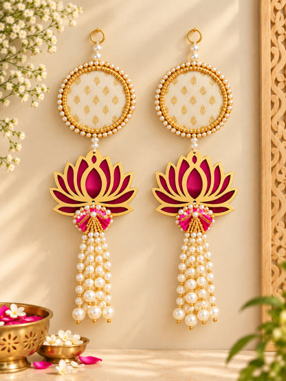 Handmade MDF Lotus Shubh Labh Wall Hanging Pair with Pearl Latkans (Pink & Gold)