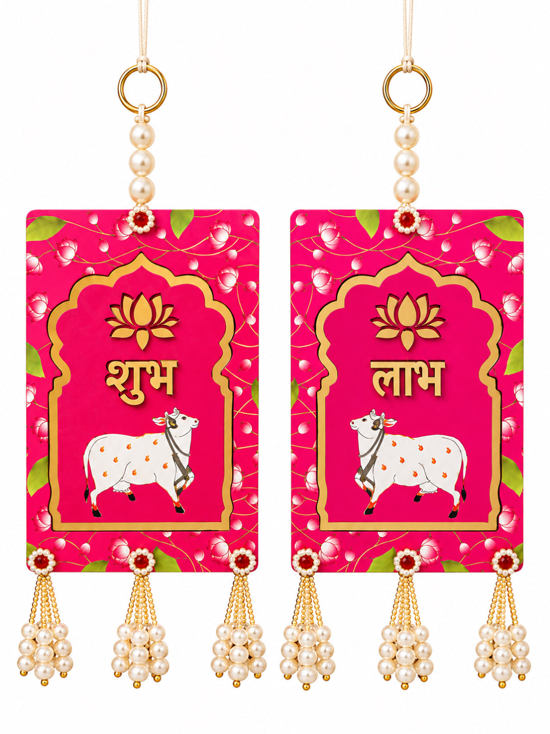 Traditional Handcrafted MDF Festive Wall Hanging Pair with Golden Beads (Pink & Gold)