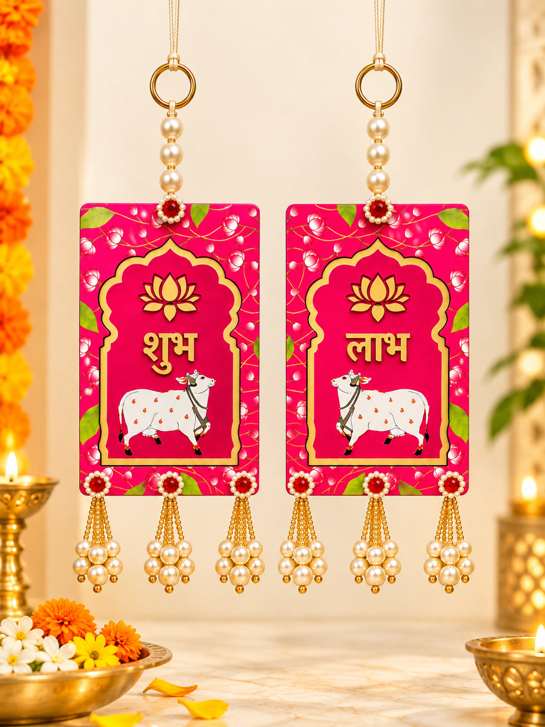 Traditional Handcrafted MDF Festive Wall Hanging Pair with Golden Beads (Pink & Gold)
