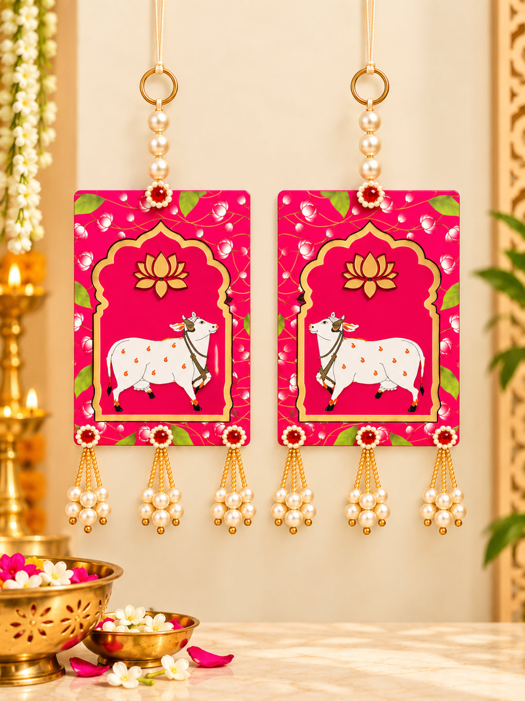Traditional Handcrafted MDF Festive Wall Hanging Pair with Golden Beads (Pink & Gold)