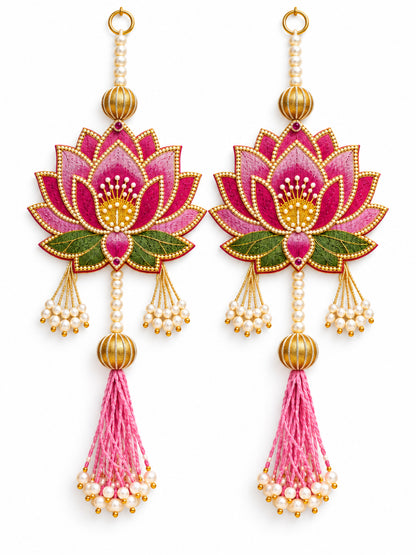 Decorative Handcrafted Lotus MDF Wall Hanging Pair with Pearl Strands (35x15 cm, Pink)