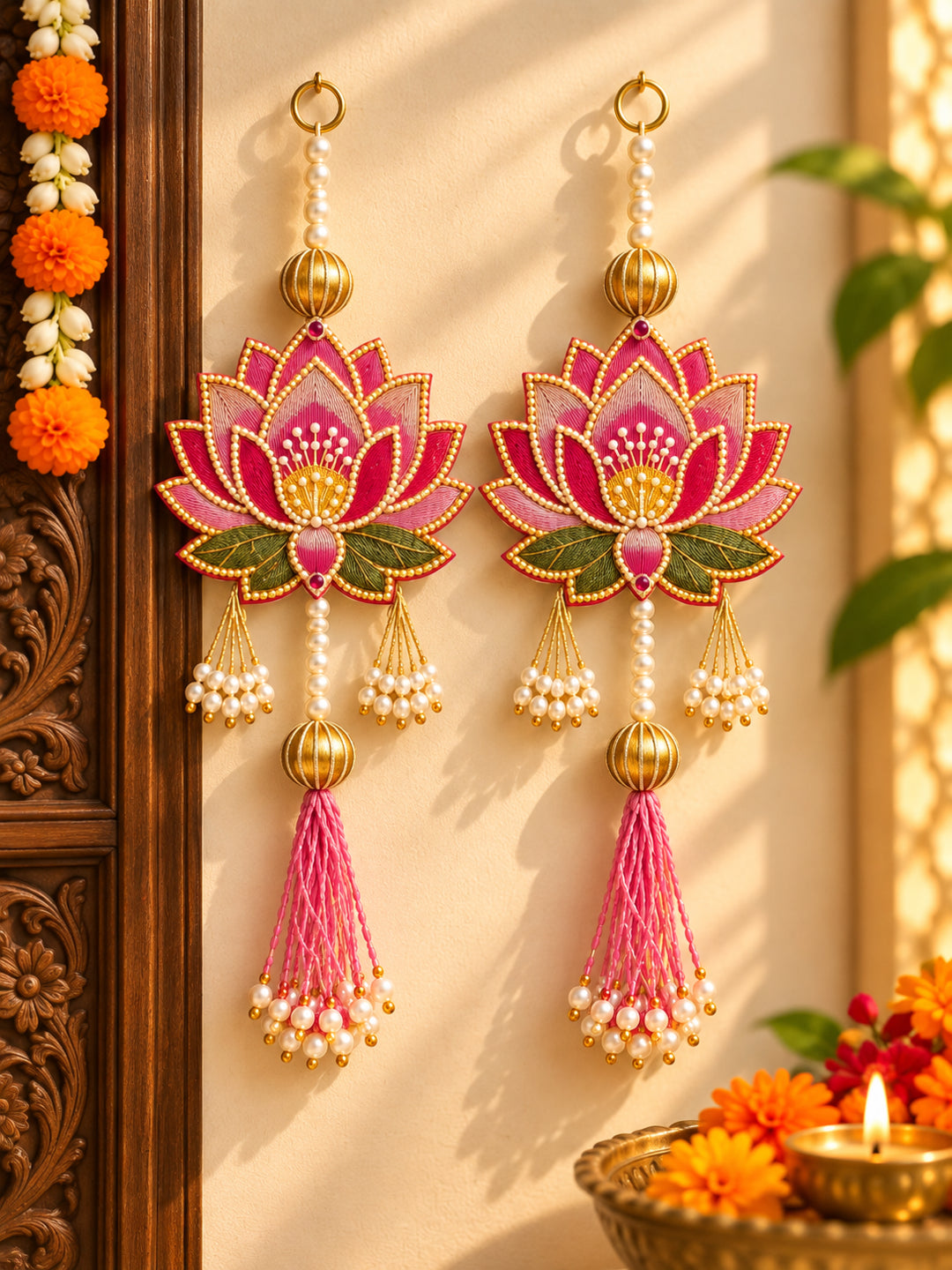 Decorative Handcrafted Lotus MDF Wall Hanging Pair with Pearl Strands (35x15 cm, Pink)