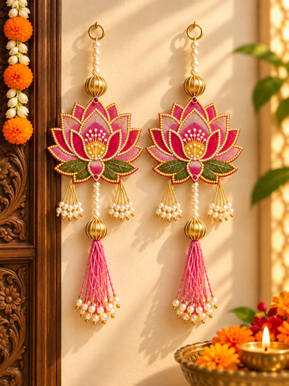 Decorative Handcrafted Lotus MDF Wall Hanging Pair with Pearl Strands (35x15 cm, Pink)