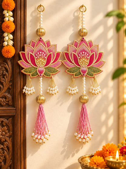 Decorative Handcrafted Lotus MDF Wall Hanging Pair with Pearl Strands (35x15 cm, Pink)