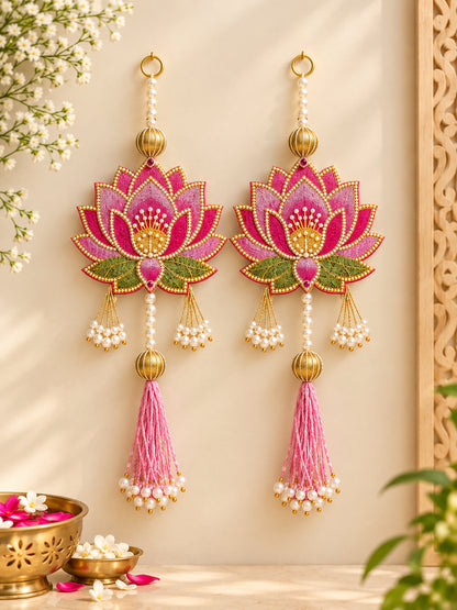 Decorative Handcrafted Lotus MDF Wall Hanging Pair with Pearl Strands (35x15 cm, Pink)