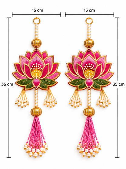 Decorative Handcrafted Lotus MDF Wall Hanging Pair with Pearl Strands (35x15 cm, Pink)