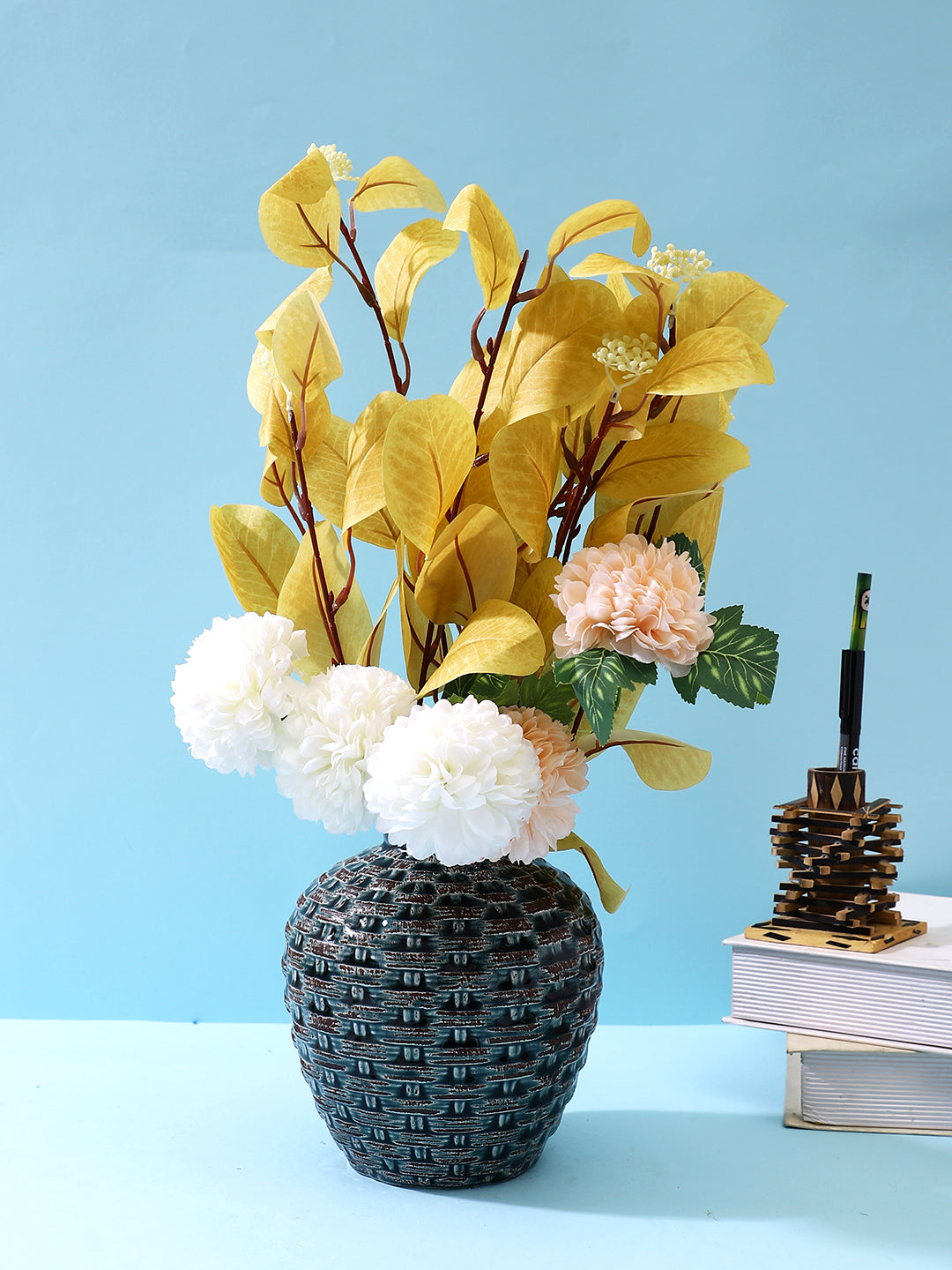 Yellow & White 2 Pieces  Ivory and Peach Chrysanthemum Artificial Flower