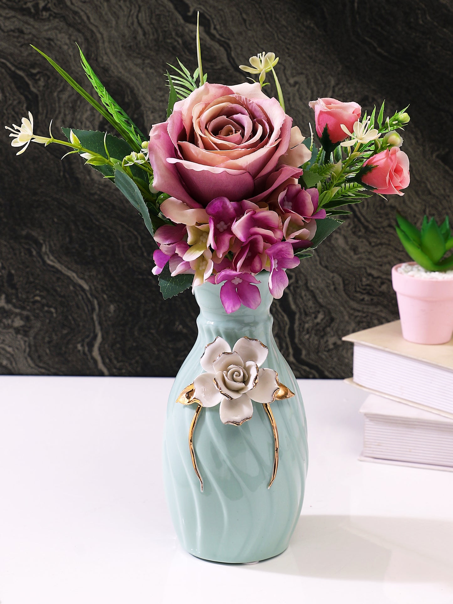 Purple & Green 2 Pieces Rose Artificial Flower