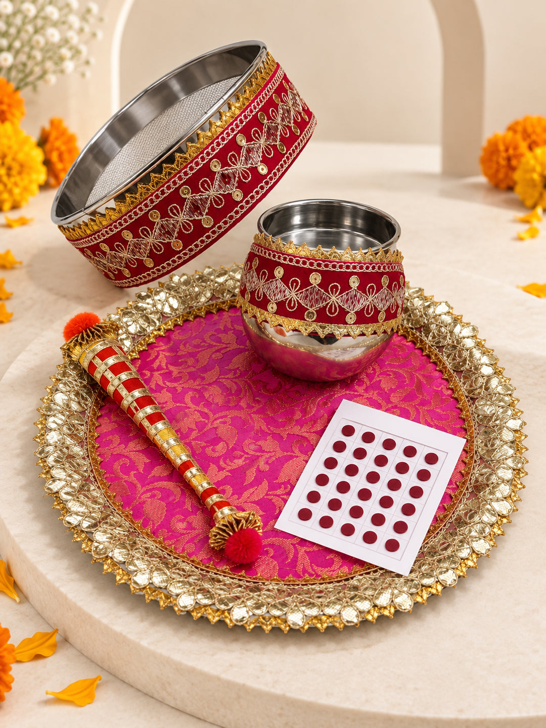 Handcrafted Pink Gota Patti Karwa Chauth Thali Set