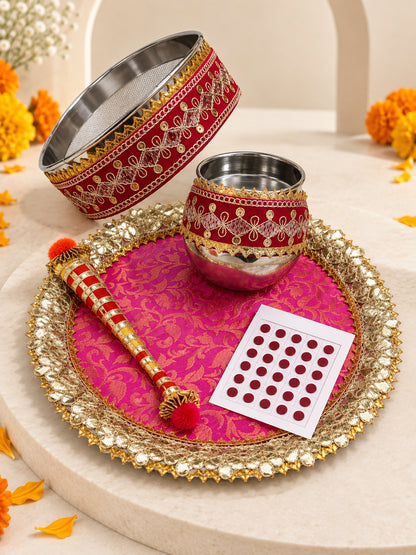 Handcrafted Pink Gota Patti Karwa Chauth Thali Set