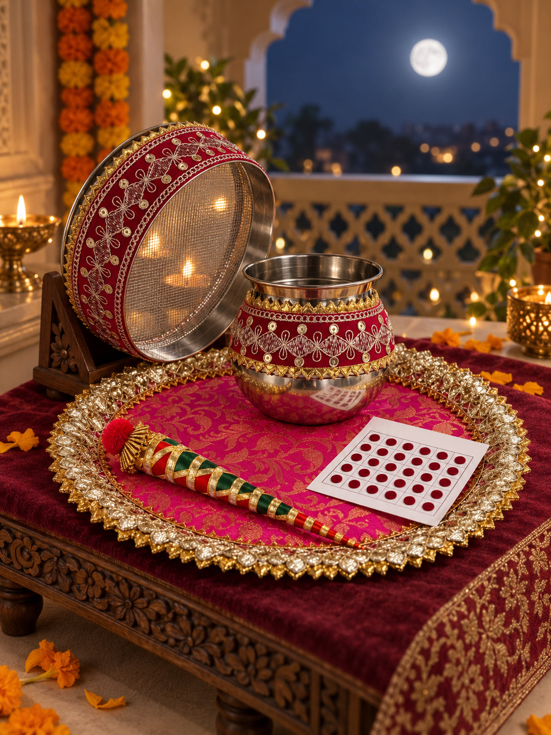 Handcrafted Pink Gota Patti Karwa Chauth Thali Set